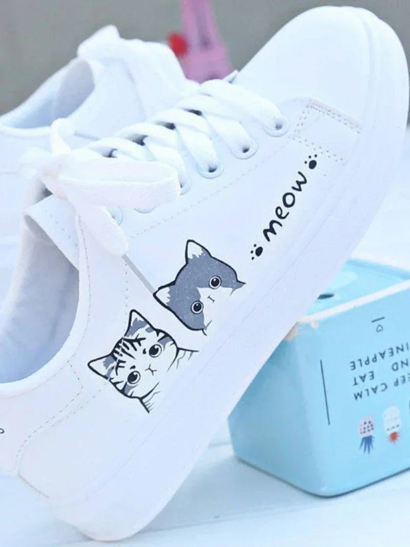 2024 New Arrival Fashion Lace-up Women Sneakers Women Casual Shoes Printed summer Women Pu Shoes Cute Cat  Shoes