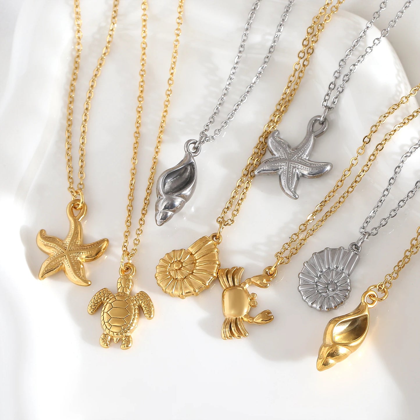 Summer Women's Starfish Conch Shell Necklace Fashion Stainless Steel Gold/Silver Color Crab Turtle Choker Beach Jewelry Gifts
