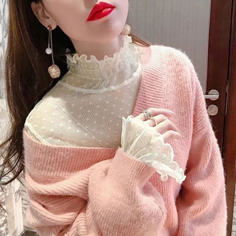 Women Sexy Mesh See Through T Shirt  Long Bell Sleeve Hollow Out Blouse Summer Transparent Sheer High Neck Bottoming Basic Tee