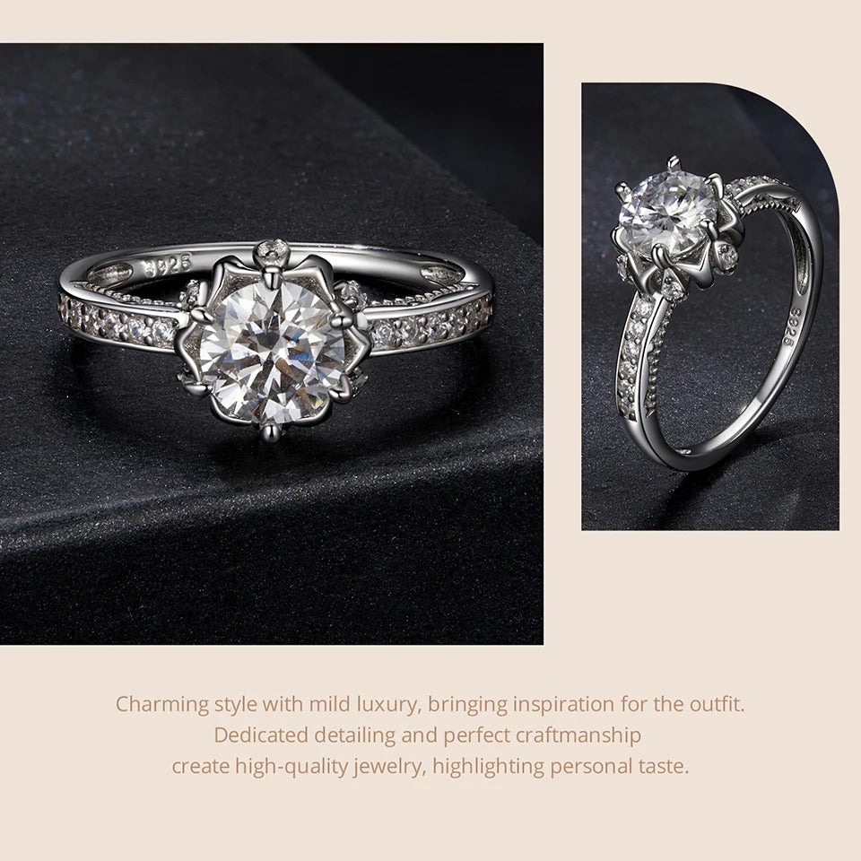 BAMOER D Color VVS1 EX Moissanite Flower Ring 1ct Round Moissanite Diamond Solitaire Engagement 925 Sterling Silver Rings For Wo