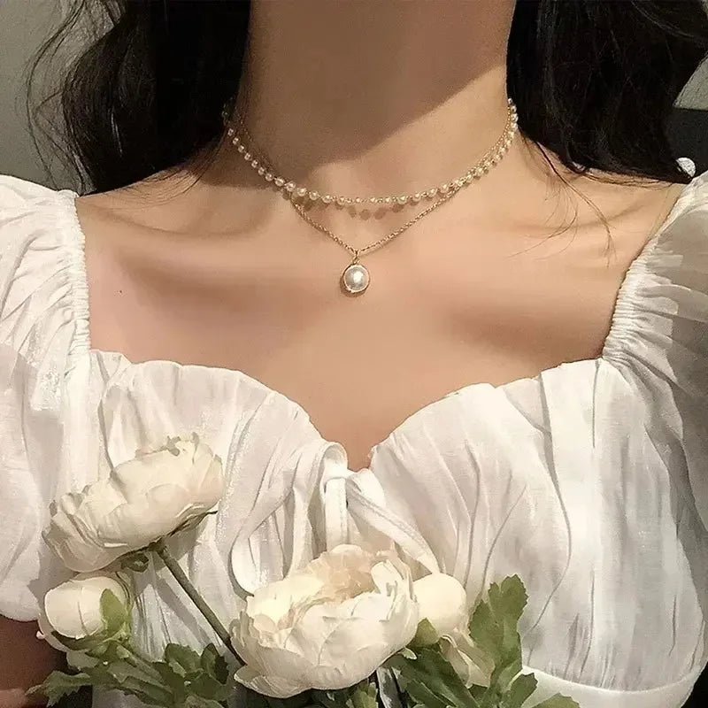 2025 New Women's Pearl Necklace Kpop Gold Color Beads Pendant Necklaces Goth Double Layer Chain Choker for Women Fashion Jewelry