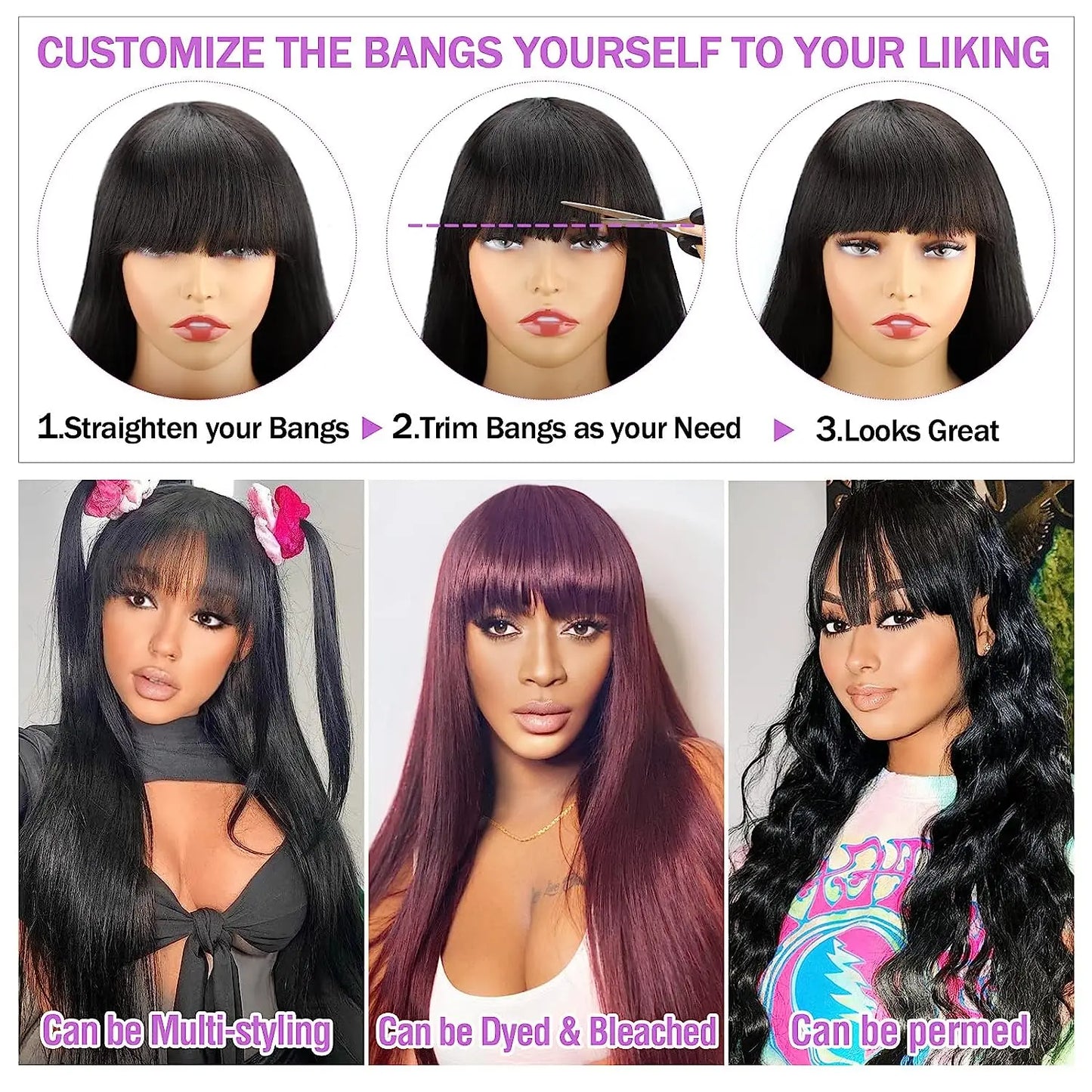 Wig With Bangs Fringe Wigs Human Hair Wig For Women Brazilian 100%Human Hair Sale Bangs Wig Full Machine Made Remy Hair Glueless