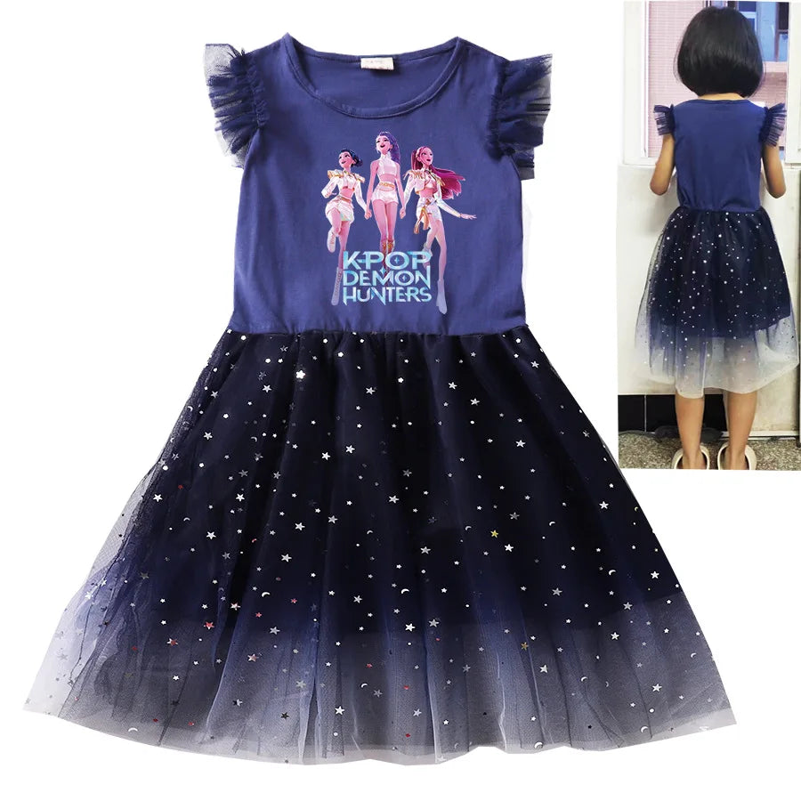 KPop Demon Hunters Clothes Kids Short Sleeve Casual Dress Baby Girls Lace Dress with Small Bag Children Wedding Party Vestidos
