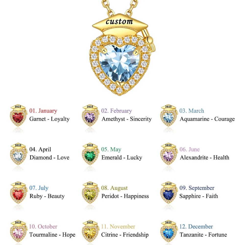 U7 2025 Graduation Necklaces for Women Bachelor Cap Clear White A+++ CZ Heart Birthstones Jewelry Gift for Daughter Girlfriend