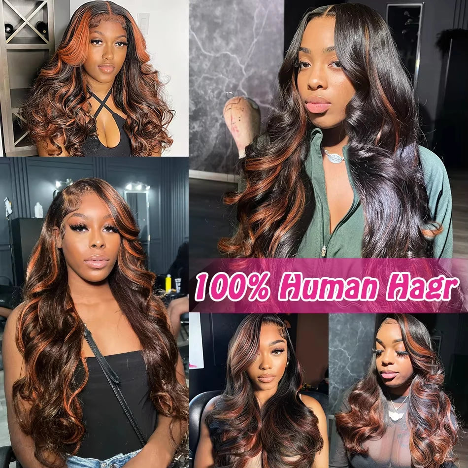 220 Density 30 Inch 1B/30 Black Brown Body Wave Lace Front Human Hair Wigs Colored Highlight 13x6 HD Lace Frontal Wig Human Hair