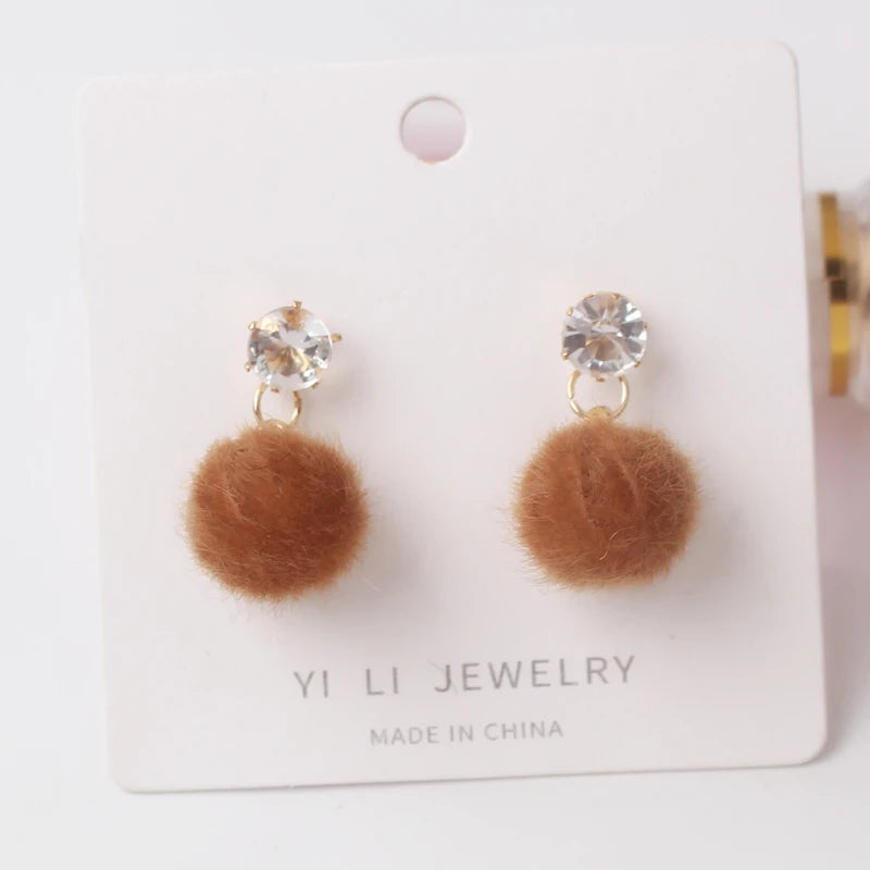 Korean Sweet Hair Ball Dangle Earring For Women Jewelry Pink Red Crystal Female Personality Simple Pink Plush Fur Brincos Gift