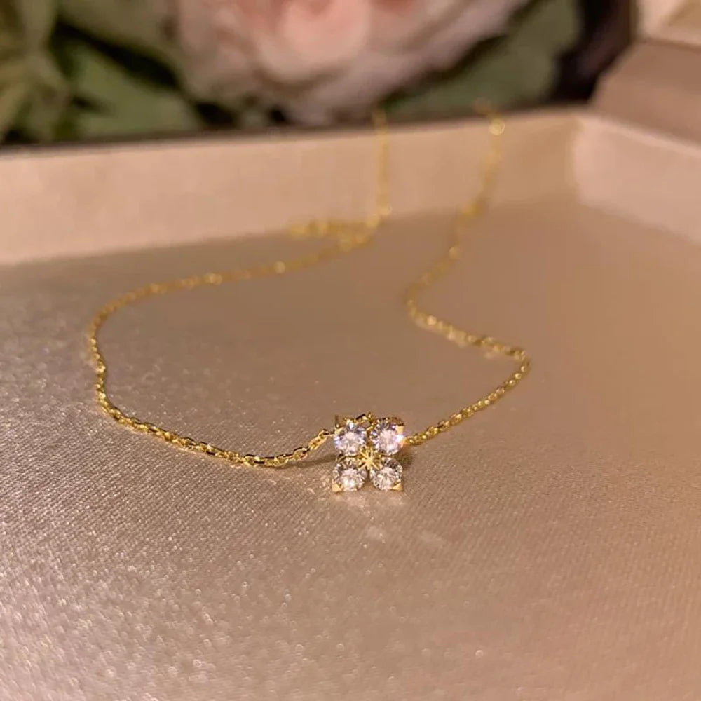 925 Silver Plated Four-leaf Flower Zircon Chain Necklace for Women Luxury Collar Charm Necklaces 2025 Trend Jewelry