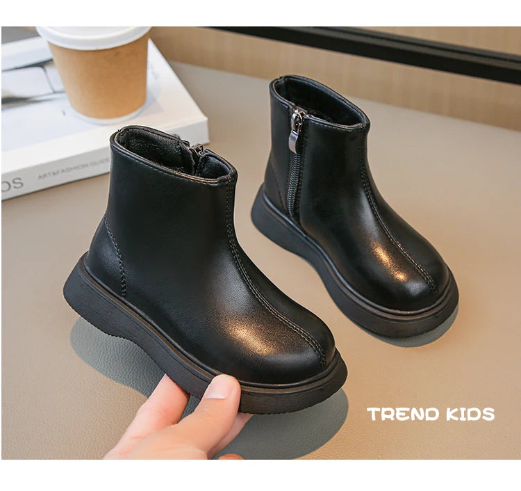 Children Fashion Boots Simple Girls Ankle Boot Black Kids Short Leather Boots Side Zipper Thick Bottom Autumn Winter 2024 New