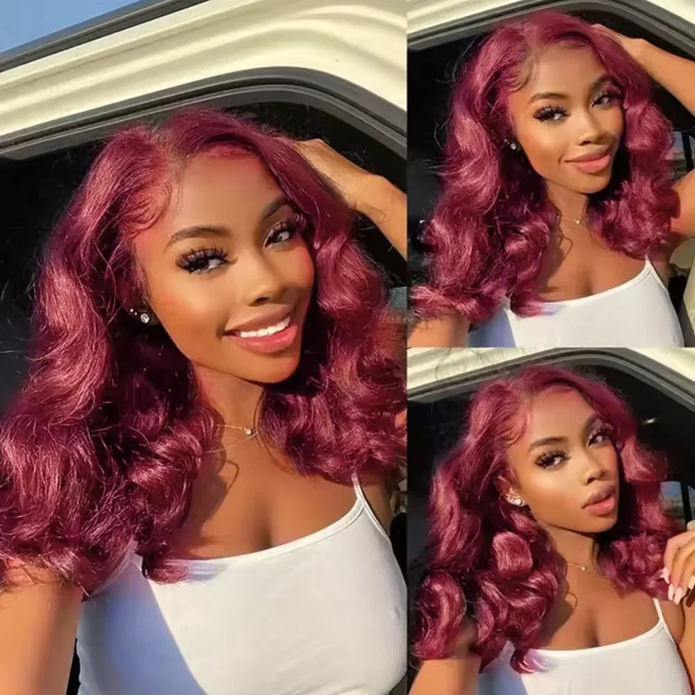 Brazilian 230% 99J Bouncy Curly Bob 13x4 HD Lace Front Human Hair Wigs 99J Burgundy Body Wave Bob Wig Short Curly Human Hair Wig