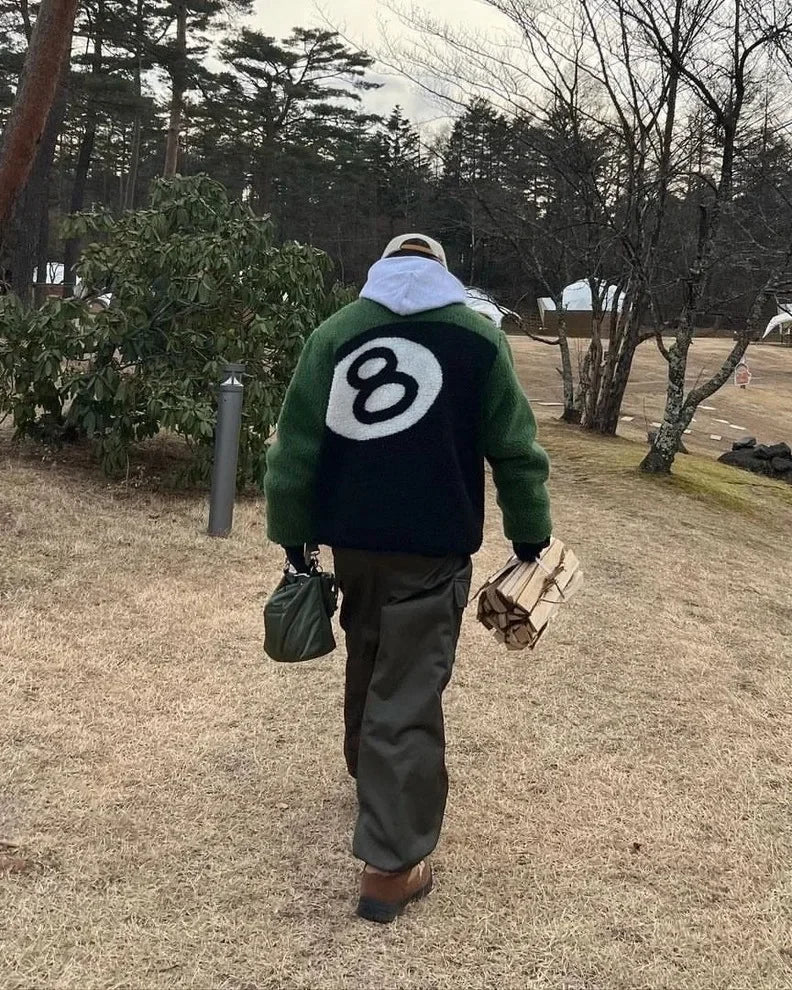 Vintage American Style Double-Sided Wearable Black Eight Ball Flocking Woolen Jacket Zipper For Men And Women Casual Use