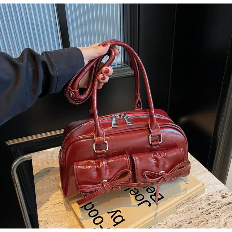 Vintage Women Business Shoulder Bags Simple Ladies Commute Tote Bag Pu Leather Female Underarm Bag Burgundy Large Handbags Purse