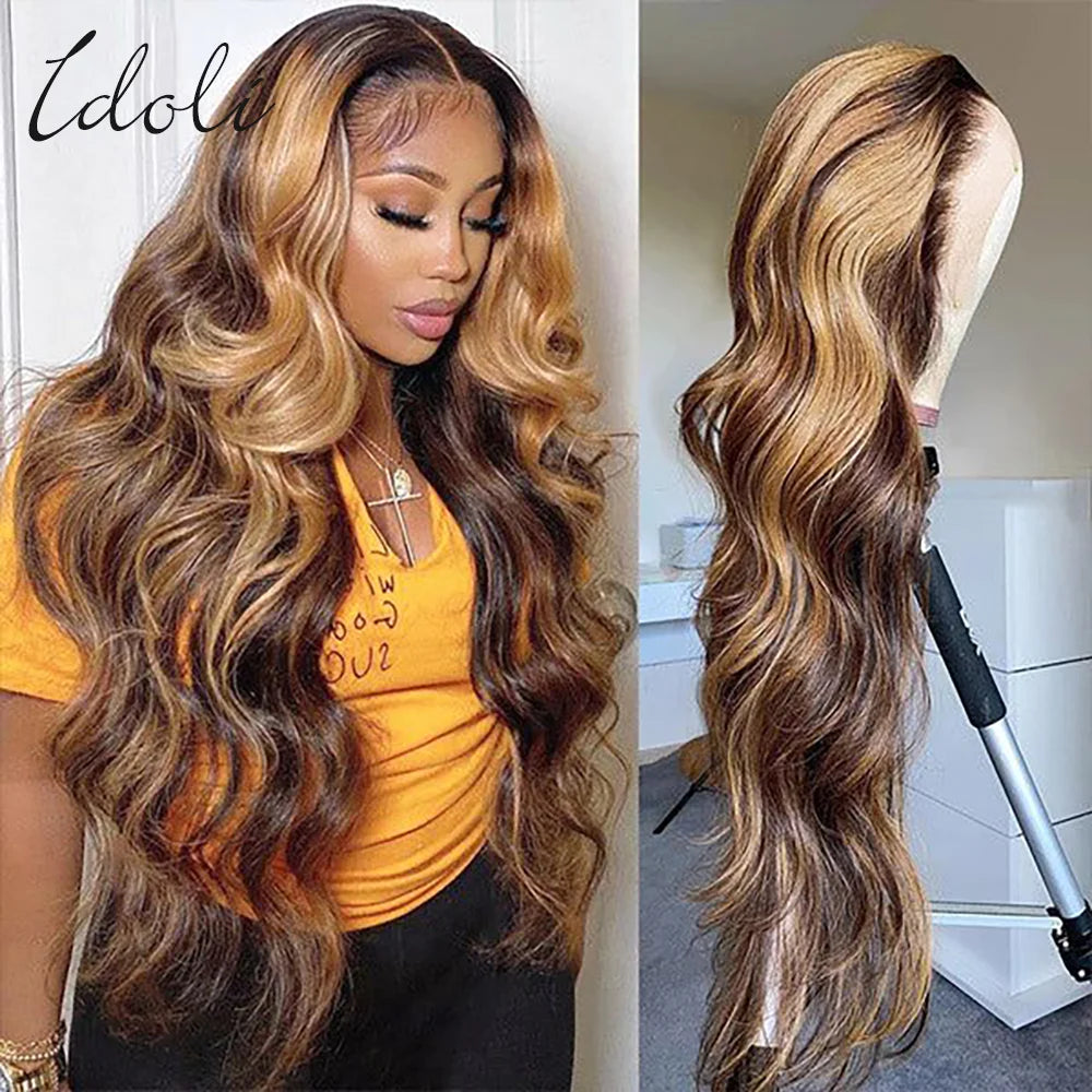 Highlight Wig Human Hair Body Wave Lace Frontal Wigs Colored 13x4 Lace Frontal Wig P4/27 Ombre Honey Blond Lace Front Human Hair