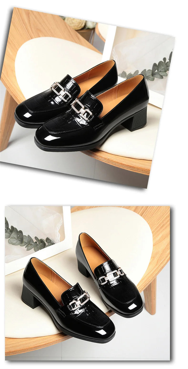 Spring Autumn Ladies Pumps Shallow Shoes Patent Leather Soft Sole Crystal High Heels  Loafers Fashion Breathable Single Shoe