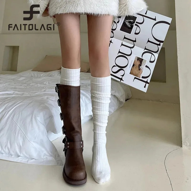 Spring Knee Length Stockings for Women White Pile Socks Fashion GIrls JK Slimming Boots Sock Japanese Calf Socks Cotton Footwear