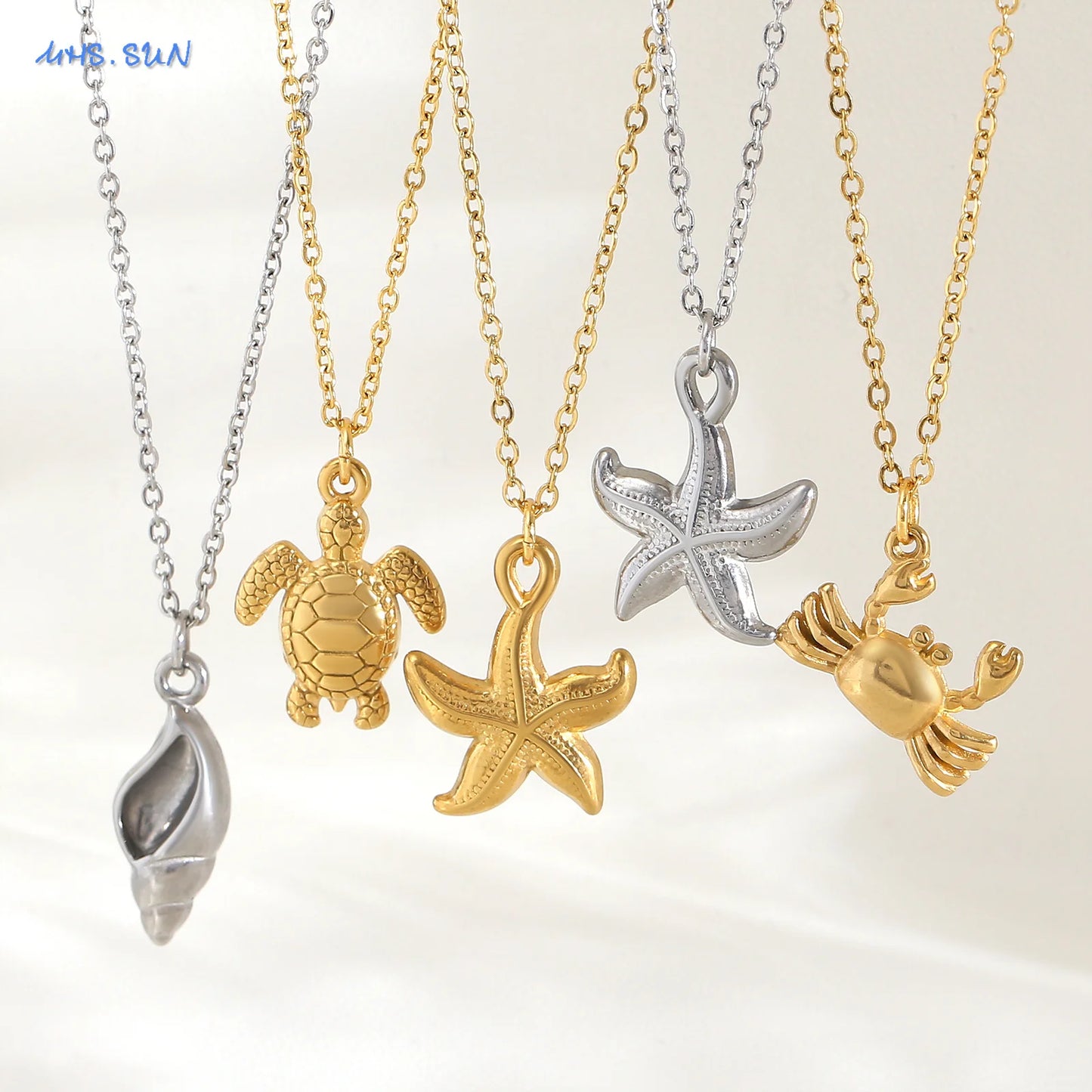 MHS.SUN Starfish Shell Conch Pendant Necklaces For Women Men Stainless Steel Trendy Chain Choker Beach Jewelry Summer Party