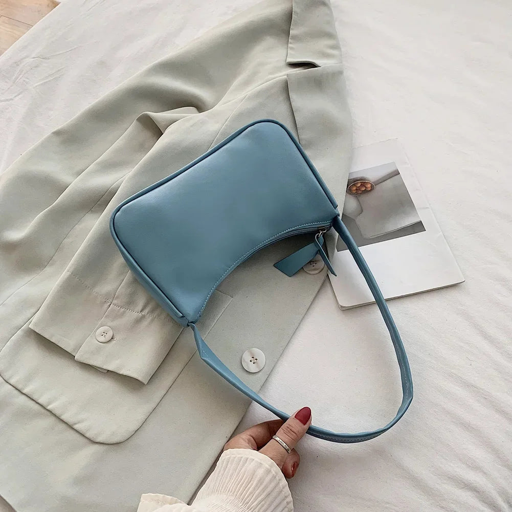 New Retro Soft PU Leather Women Shoulder Underarm Bags Casual Solid Color Small Top-Handle Handbags Ladies Fashion Shoulder Bags
