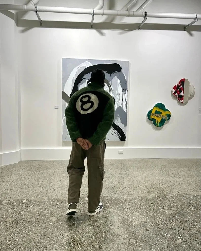 Vintage American Style Double-Sided Wearable Black Eight Ball Flocking Woolen Jacket Zipper For Men And Women Casual Use