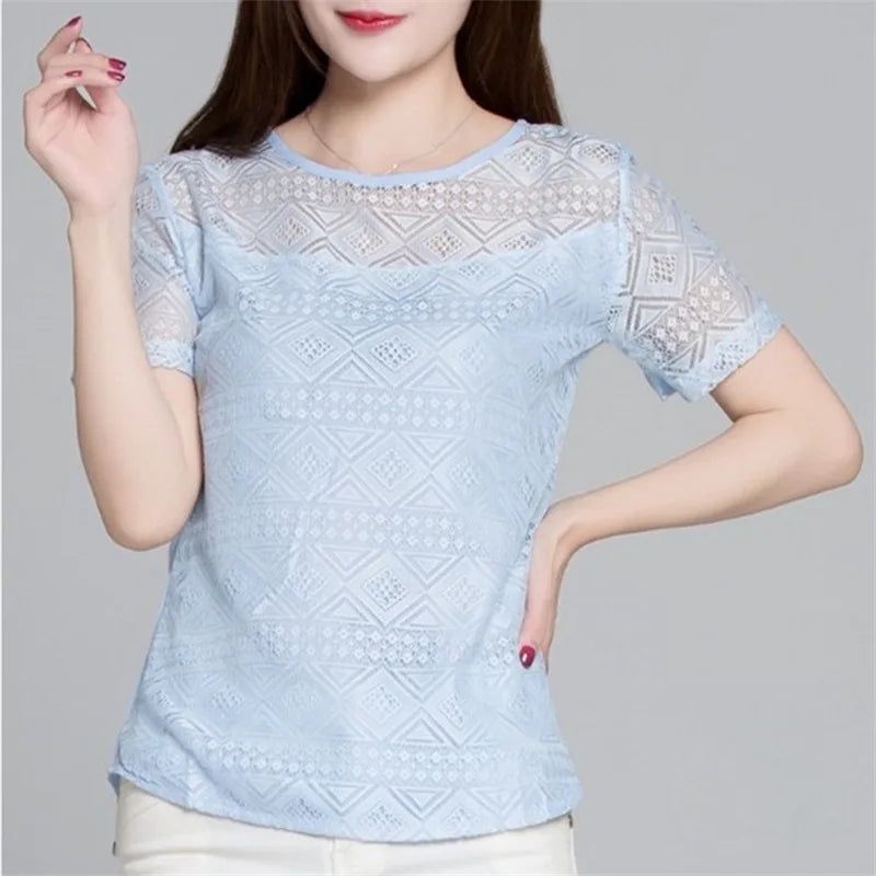 1pcs Summer Women Lace T-Shirt Lady Short-Sleeve Round-Neck tShirt Female Sexy Slim Fit  Tee Girl Chiffon Shirt Fashion Pullover
