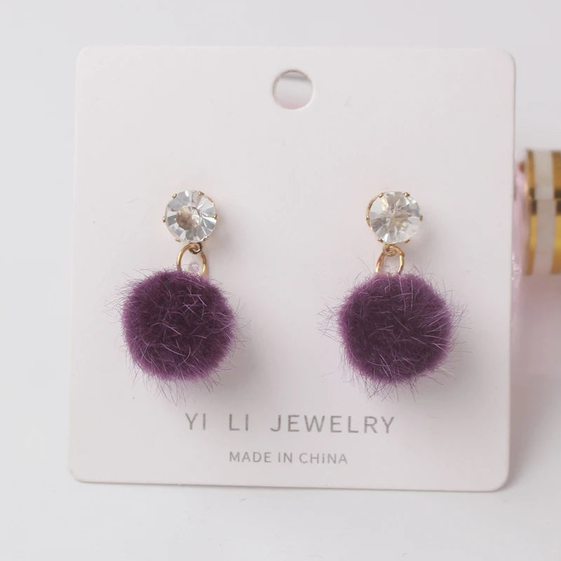 Korean Sweet Hair Ball Dangle Earring For Women Jewelry Pink Red Crystal Female Personality Simple Pink Plush Fur Brincos Gift