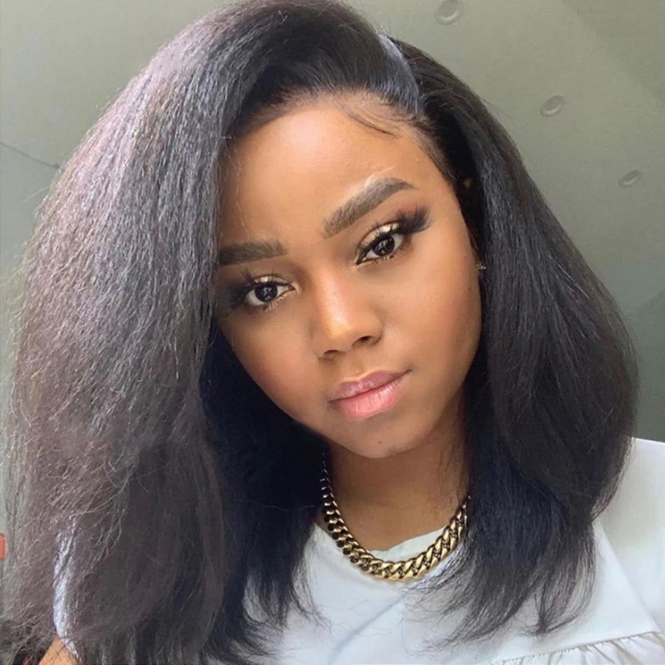 Kinky Yaki Straight Bob Lace Frontal Pre Cut Wigs 100% Human Hair Glueless Ready To Wear Short Bob HD Transparent Cheap Wigs