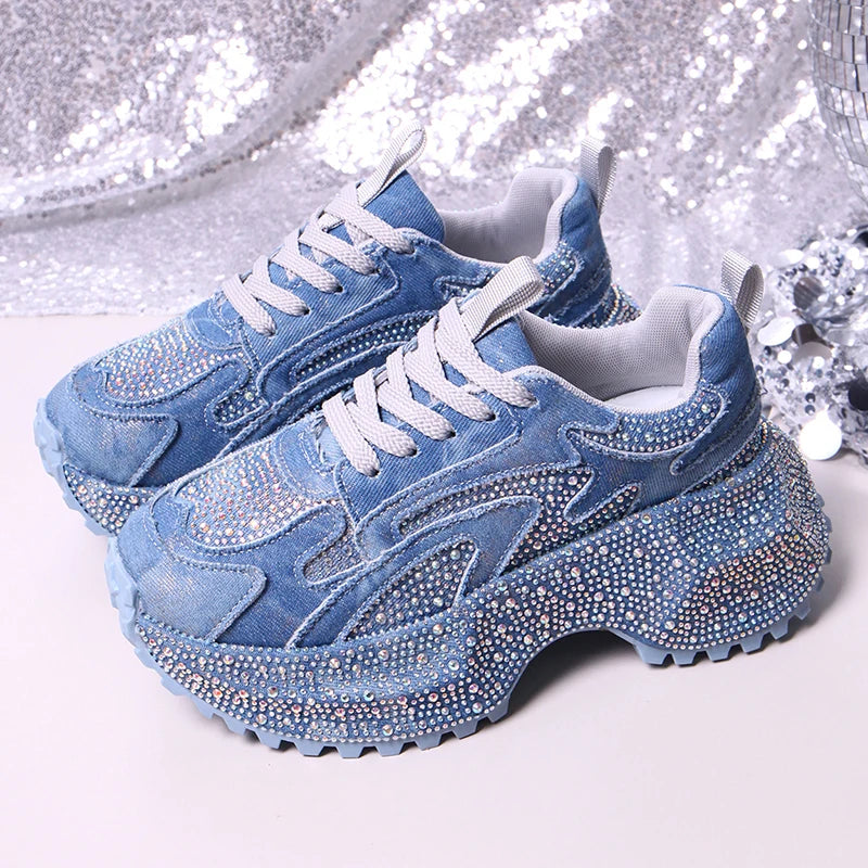 Luxury Rhinestone Chunky Sneakers for Women Fashion Purple Denim Platform Sports Shoes Woman Non Slip Thick Sole Vulcanize Shoes