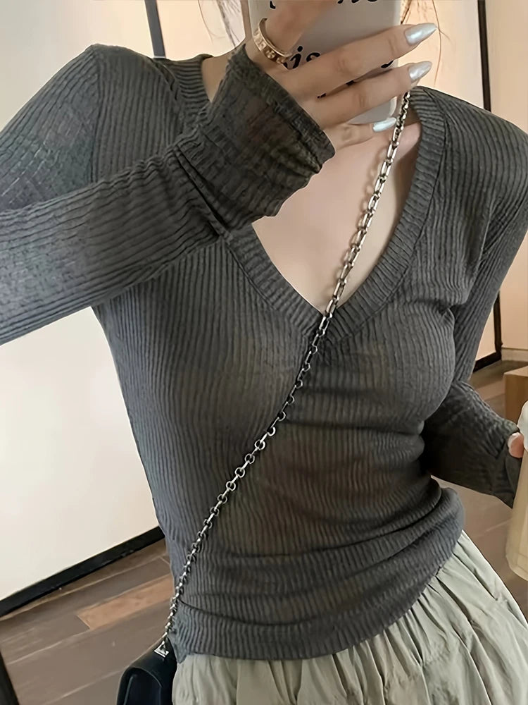 NUOMICI Sexy Gray Long-sleeve T-shirt Women V-neck Slightly Transparent Slim Fit Black Women's Top Korean Popular Clothes Chic
