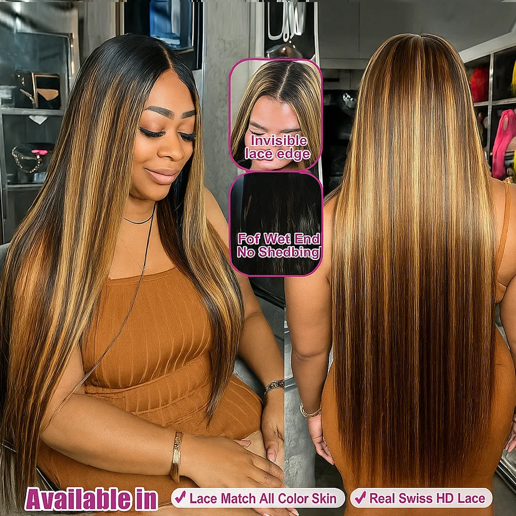 Brown With Gold Gradient Straight Hair Wigs Glueless 5x5 HD Lace Closure Wig Gold Omber Highlight Human Hair Wig Colored Wigs