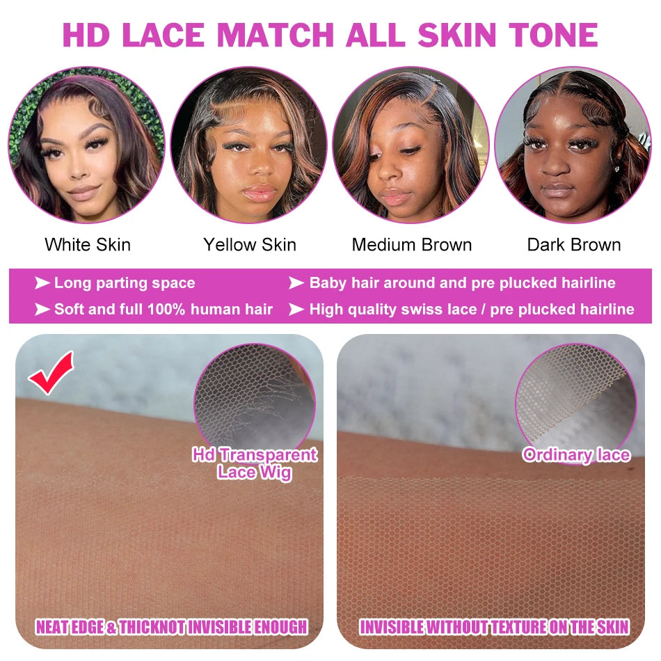 220 Density 30 Inch 1B/30 Black Brown Body Wave Lace Front Human Hair Wigs Colored Highlight 13x6 HD Lace Frontal Wig Human Hair