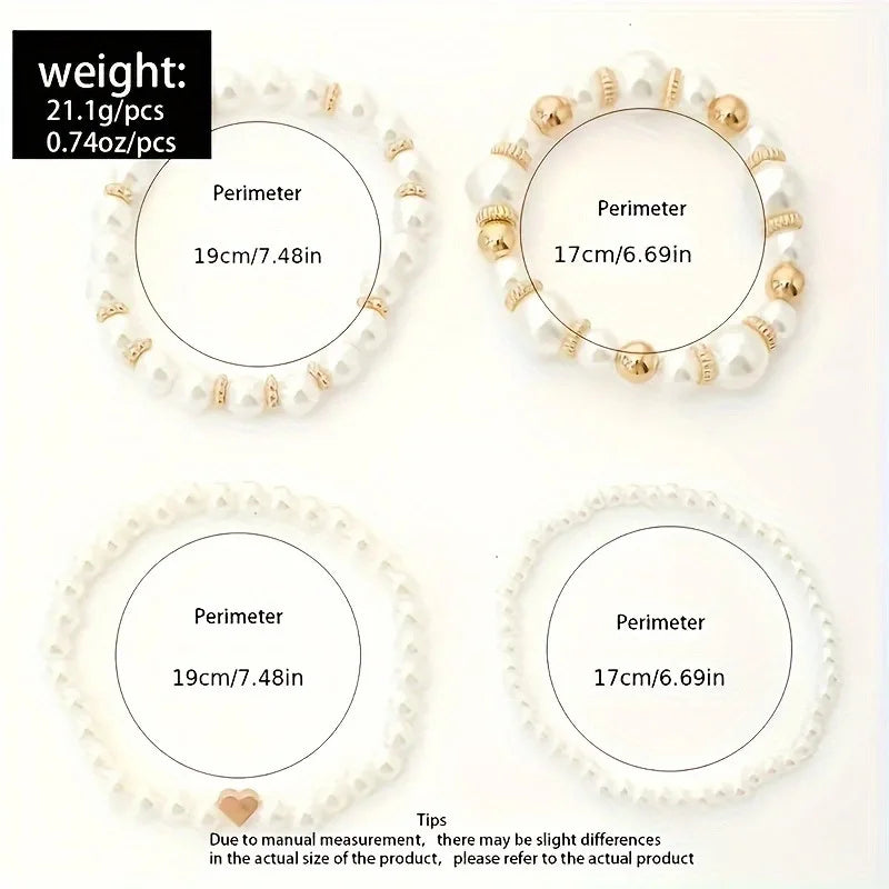 4Pcs/Set Heart White Color Pearl Bracelets Set For Women New Trendy Elastic Beaded Bracelet Elegant Wedding Party Jewelry Gift