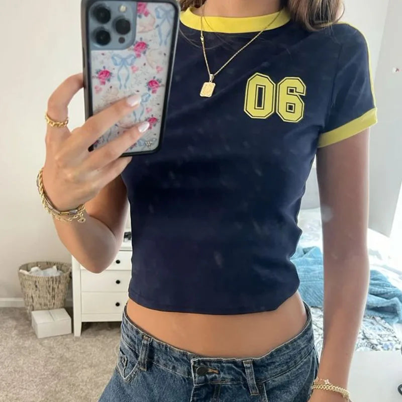 Retro Graphic Crop Top White Short Sleeve O Neck Casual T Shirt for Women y2k Aesthetic Vintage Basic Tees Ladies Clothes