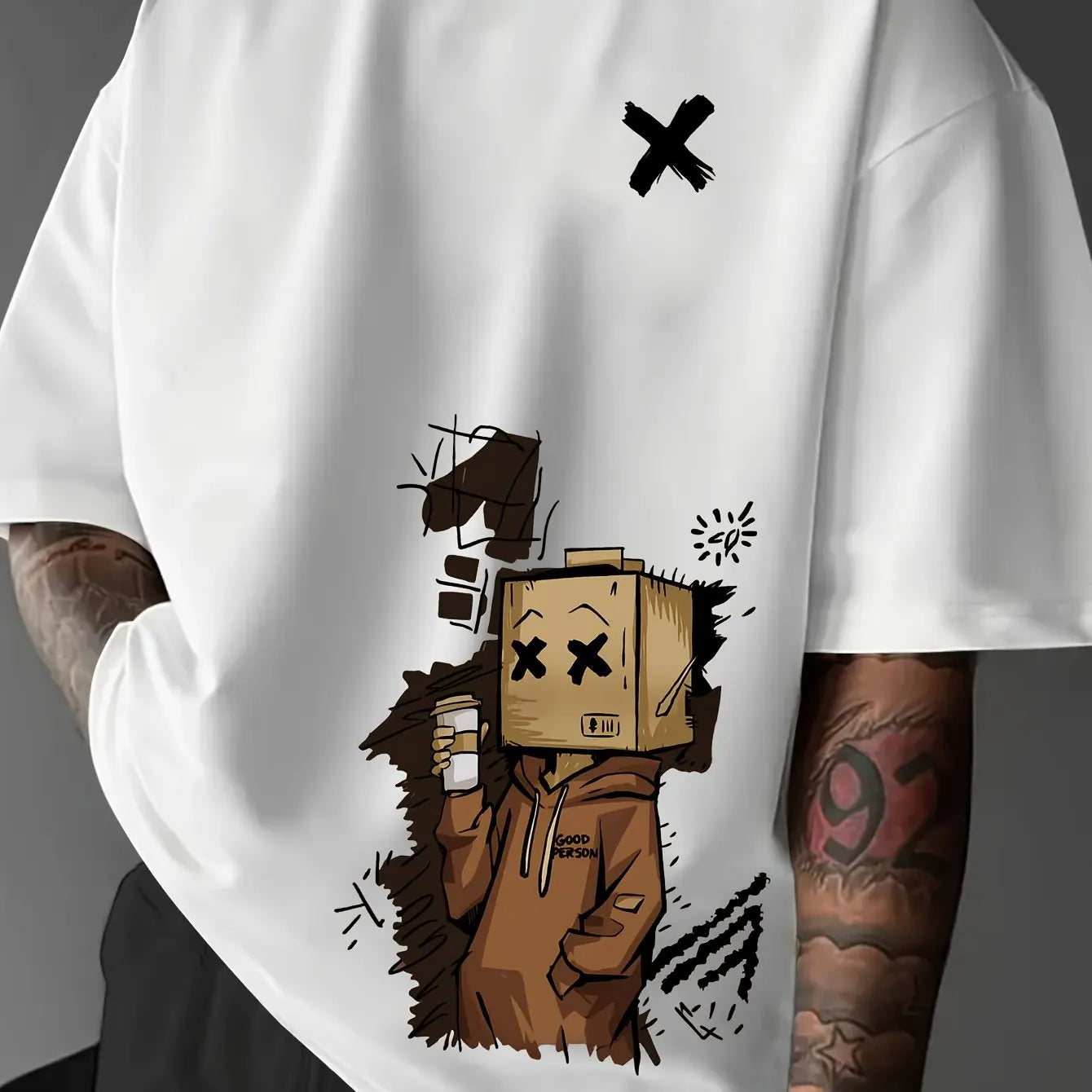 Men's 100% pure cotton fashionable casual sports loose trendy doll graffiti printed round neck short sleeved T-shirt top