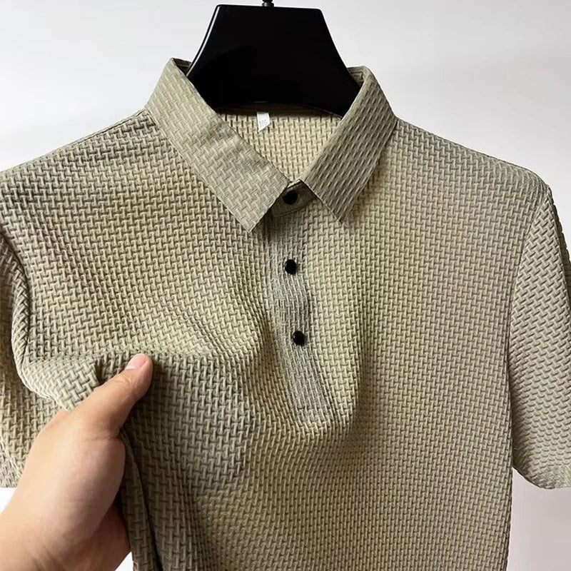New Men's Business Casual Short Sleeved Bone Flower Solid Color POLO Shirt Fashion Breathable Comfortable Summer Versatile Top