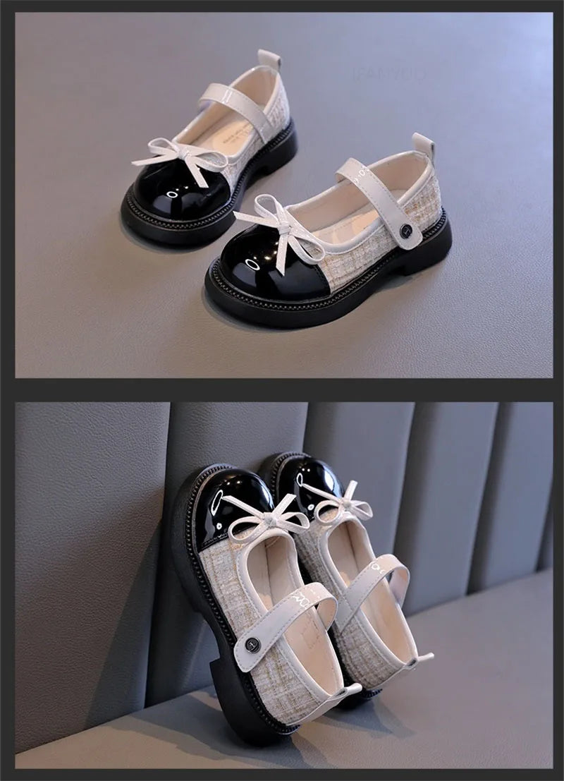 Spring Autumn Children's Leather Shoes with Bowknot Versatile Girls Fashion Mary Jane Shoes Causal Patchwork Kids Princess Shoes