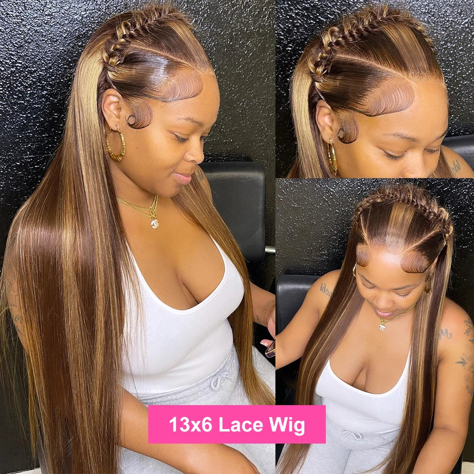 30 32 Inch 13x4 13x6 HD Highlight Ombre Straight Human Hair Wigs Honey Blonde Bone Straight Lace Front Human Hair Wig For Women