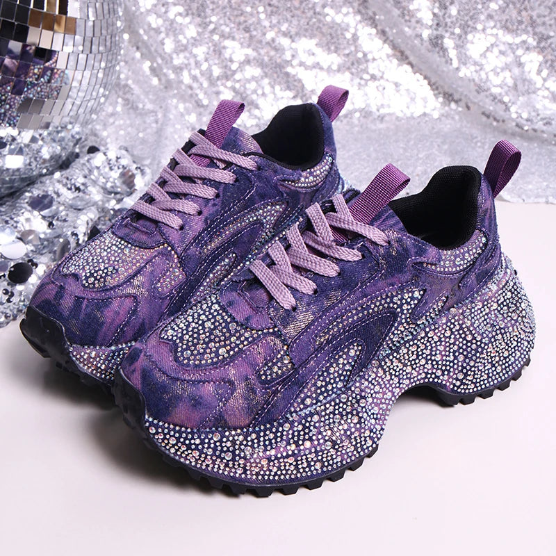 Luxury Rhinestone Chunky Sneakers for Women Fashion Purple Denim Platform Sports Shoes Woman Non Slip Thick Sole Vulcanize Shoes