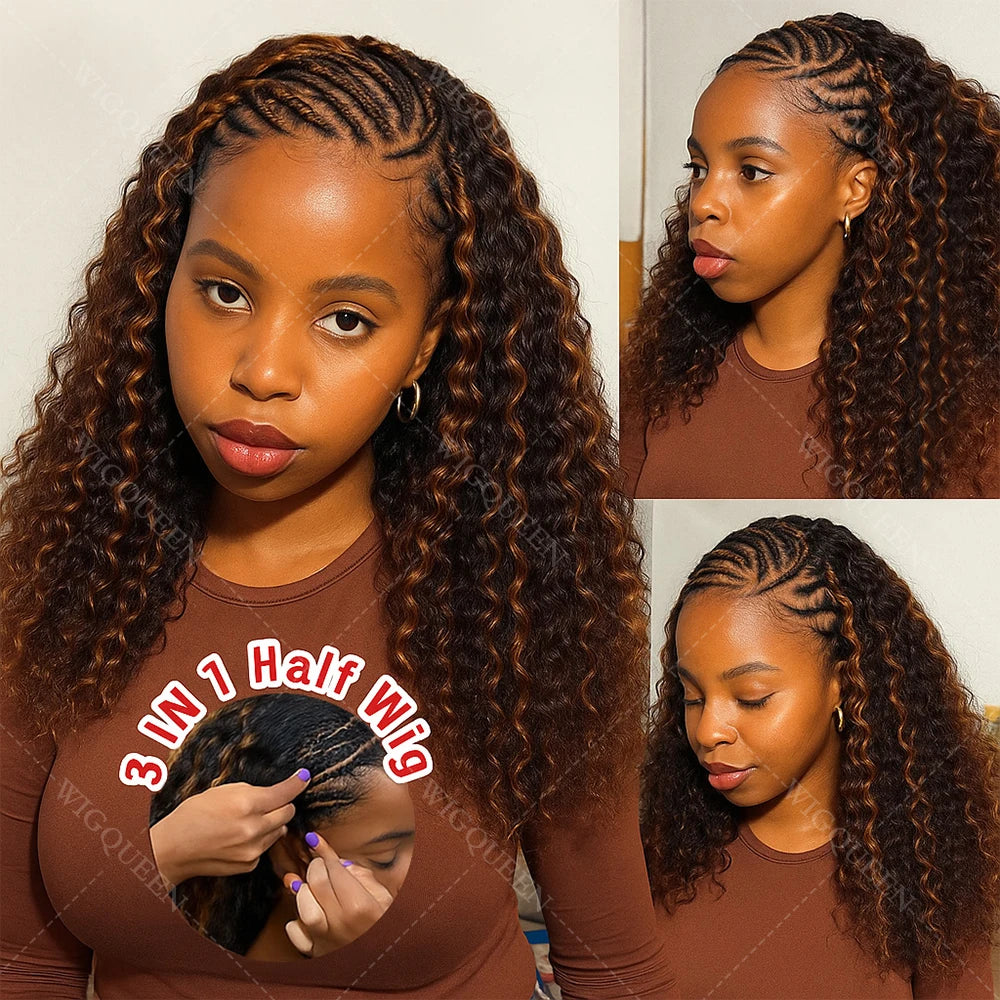 1B/30 highlight 3 In 1 Half Wigs Human Hair Drawstring Burmese 3C 4A Curly Invisible Half Wigs Water Wave Half Wigs Human Hair