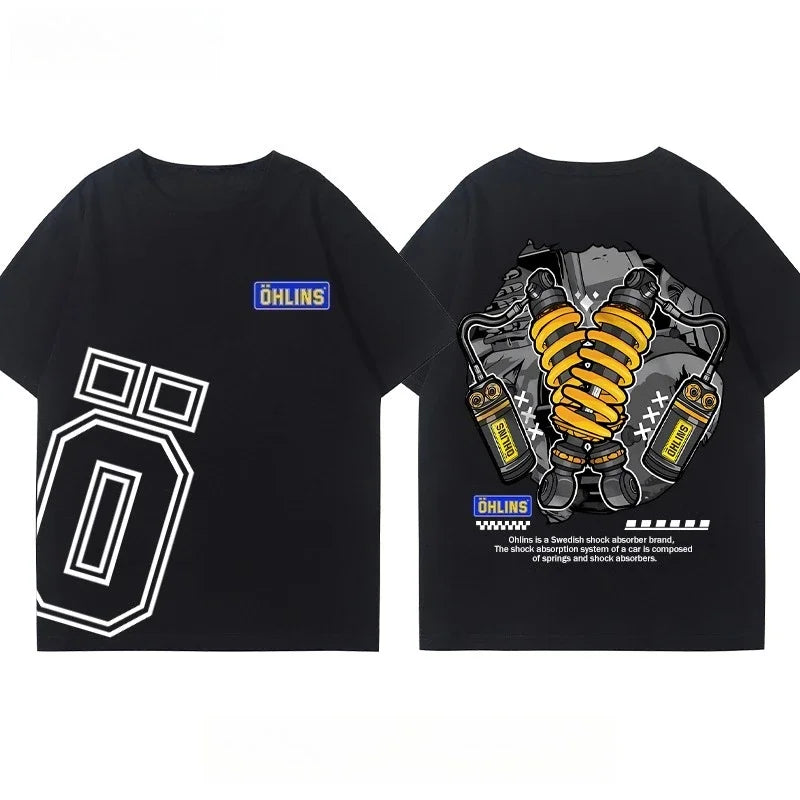 25 New Motorcycle Shock Absorber Modified T-shirt Clothes Casual Trendy Brand Men's Women's Car Club Crew Neck Short-sleeved Top