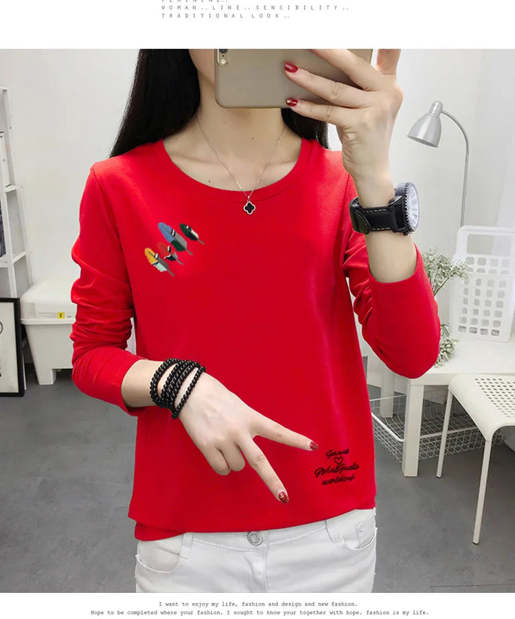 Long Sleeve T-shirt Women Simple Print Round Neck Top Loose Base Shirt Outdoor Wear Autumn Clothes