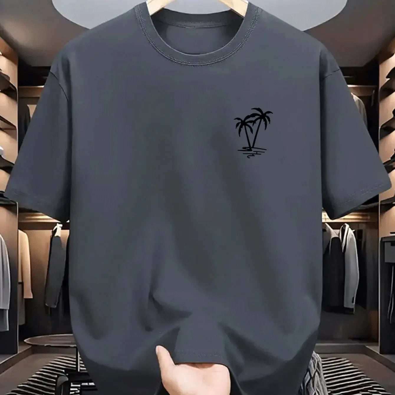 Men's summer 100% cotton fashionable casual loose coconut tree pattern printed sports round neck short sleeved T-shirt top