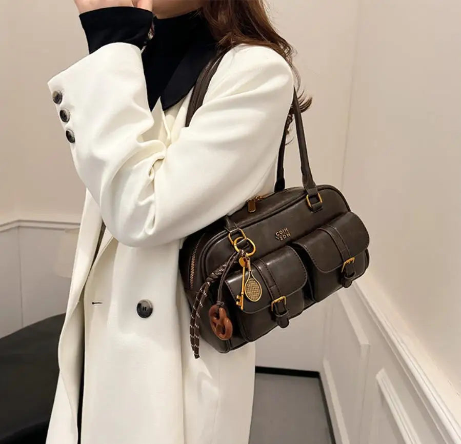 Women's Coffee Brown Multi-Pocket Handbag Shoulder Bag, Stylish Versatile Letter Crossbody Purse for Travel Work Shopping Dates