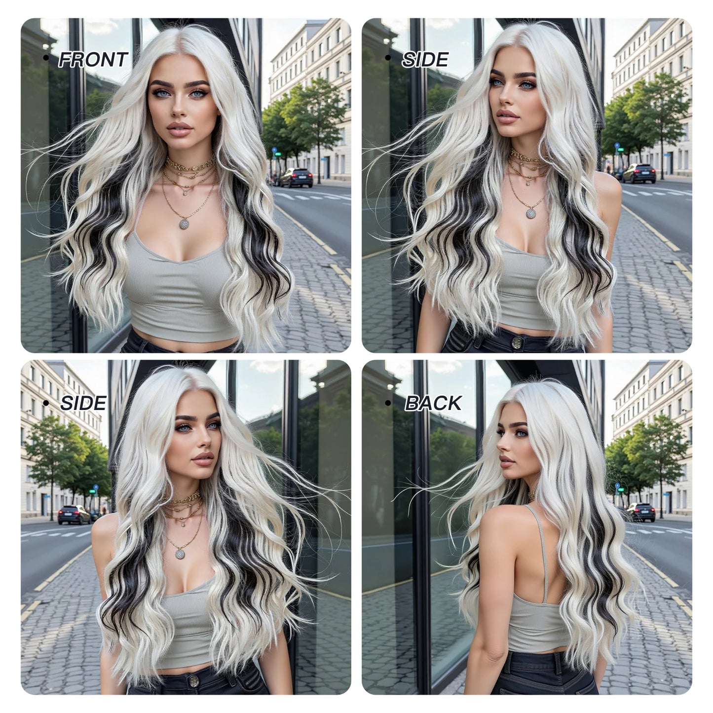 Super Long Wavy White Mixd Black Synthetic Wig Medium Part Water Wave Wigs For Women Daily Cosplay Halloween Colorfull Fake Hair