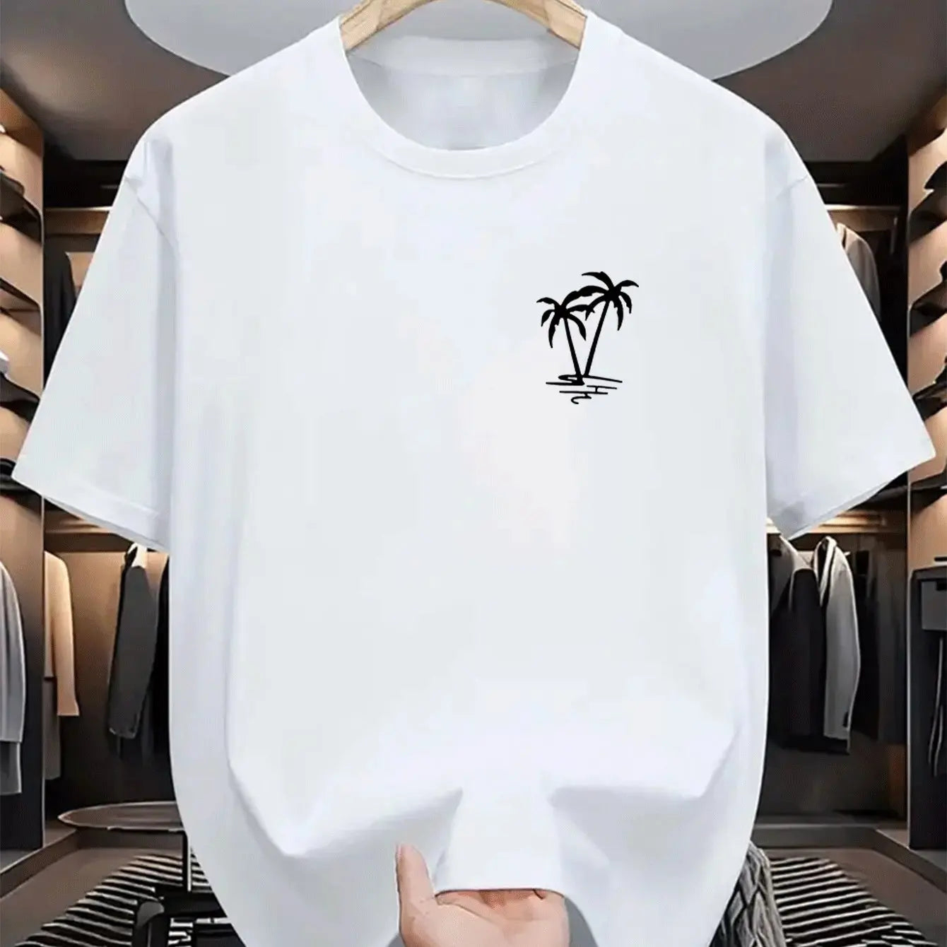 Men's summer 100% cotton fashionable casual loose coconut tree pattern printed sports round neck short sleeved T-shirt top