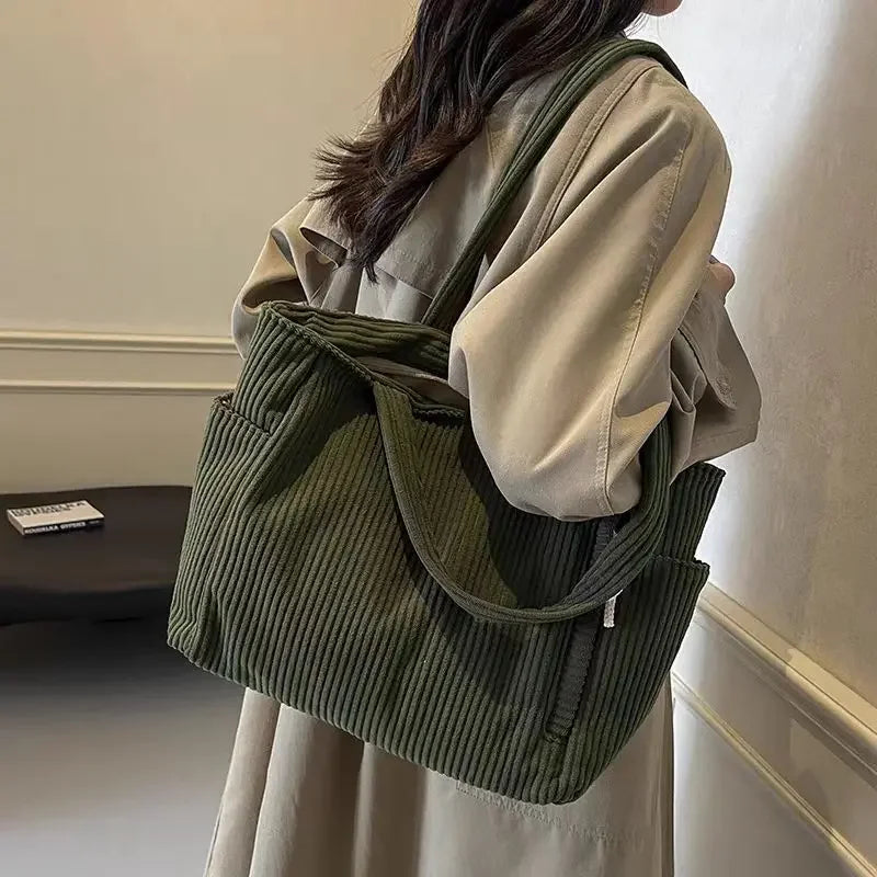 Corduroy Daily Handbag Fashionable Versatile Shoulder Bag for Women Multi-Compartment Zipper Closure Commute Women's Tote Bag