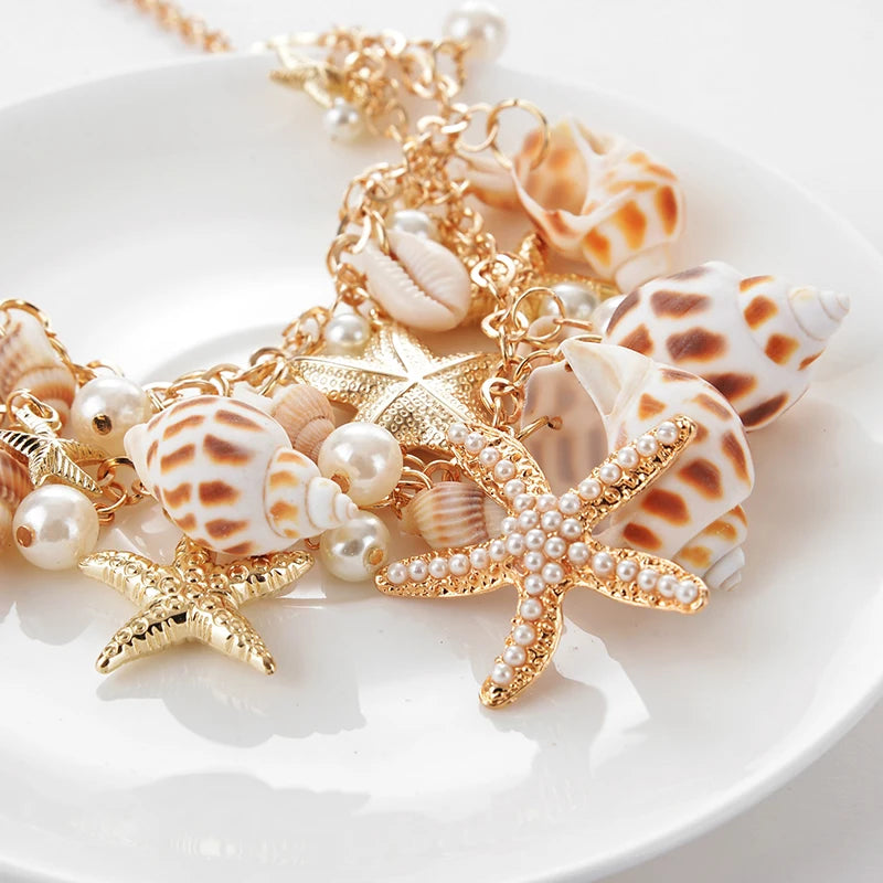 Aihua Bohemia Gold Color Imitation Pearl Conch Shell Starfish Necklace for Women Choker Necklace Collars Summer Beach Jewelry