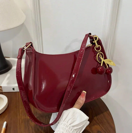 Vintage Retro Shoulder Bag for Women PU Leather Underarm Crossbody Ladies Casual Handbag Purse with Cherry Pendant