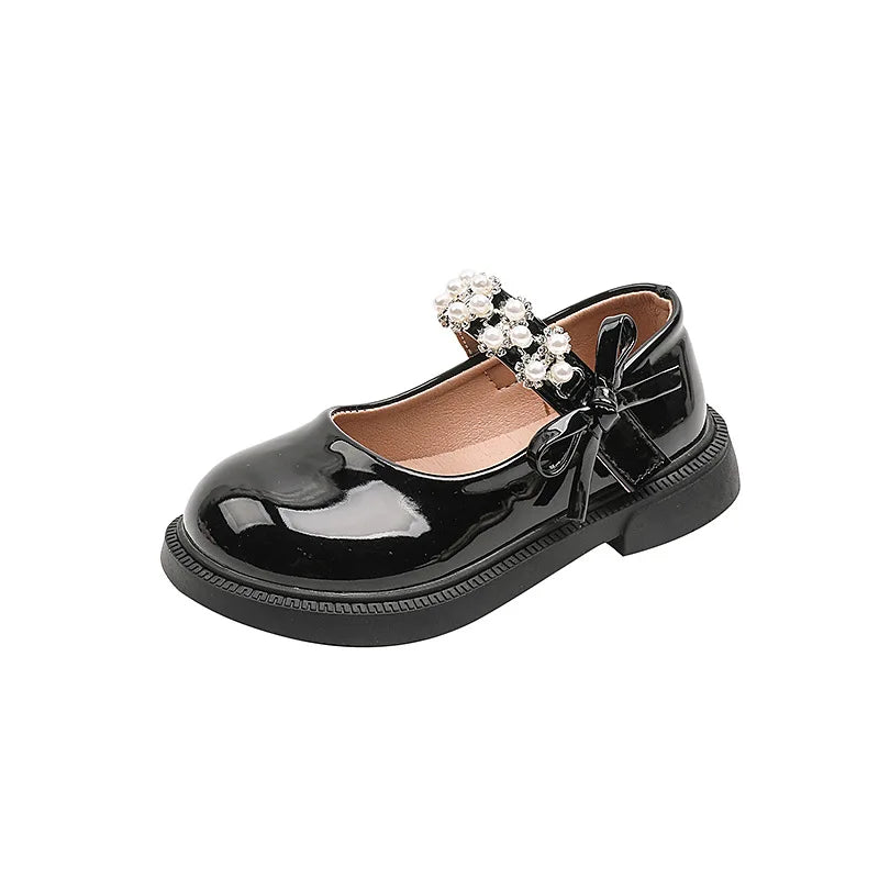 Children's Leather Shoes Glossy PU Black School Girl Shoes Fashion Sweet Kids Princess Soft Bottom Mary Jane Shoes Side Bowknot