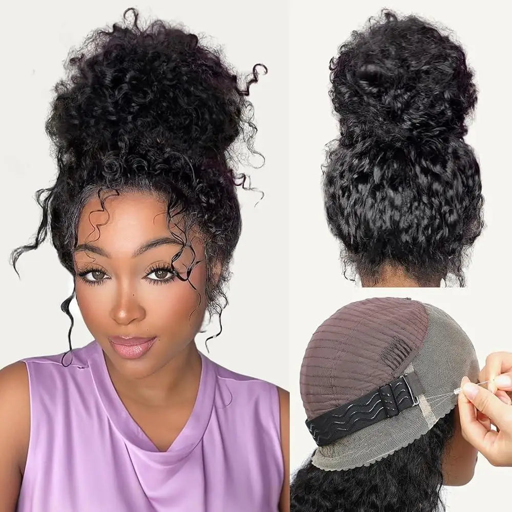 250% 30-36 inch HD Invisi Strap 360 Full Lace Frontal Kinky Curly Wig Black 100% Human Hair Drawstring Snug Water Wig Glueless