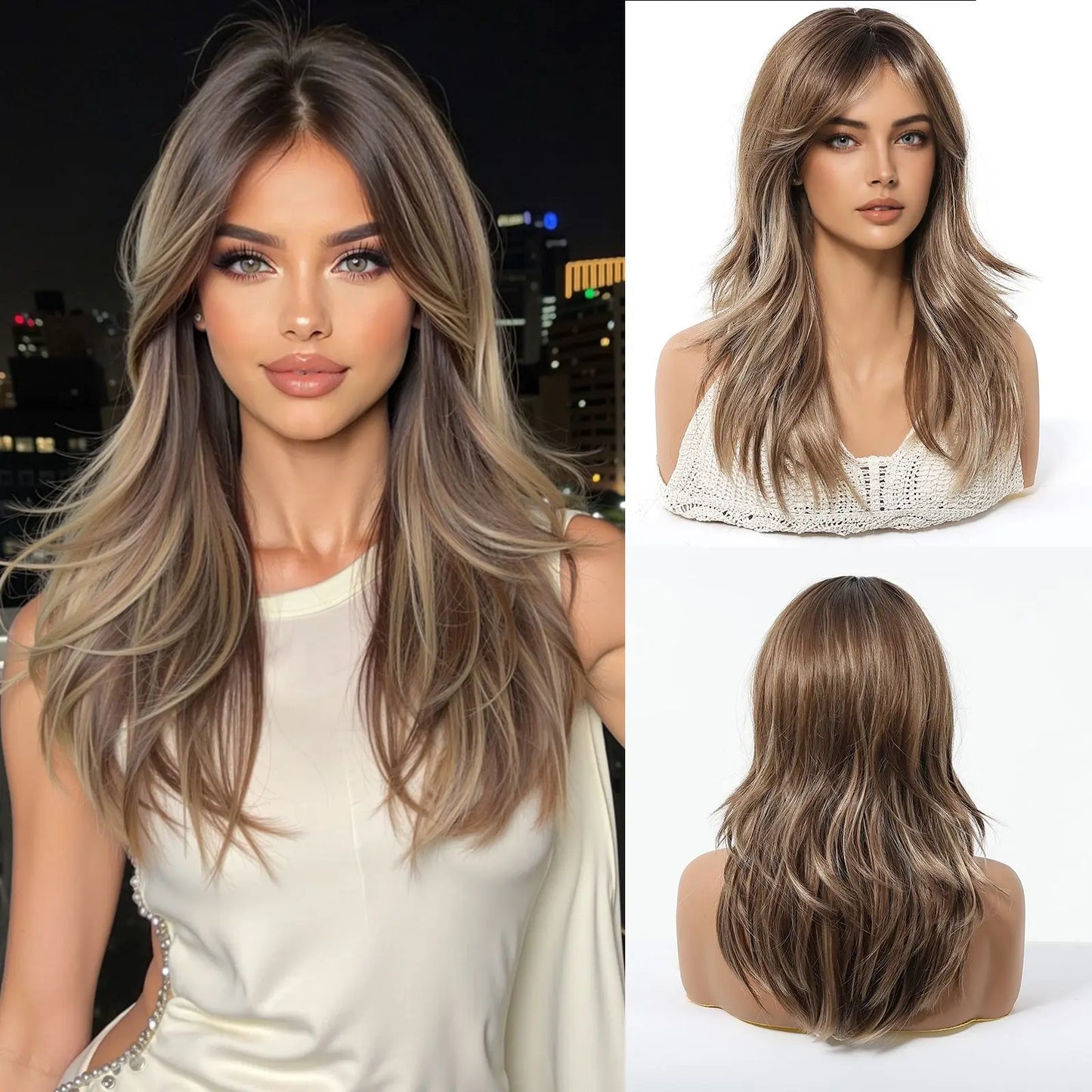 Elegant Curly Wave Ash Blonde Wig Synthetic Hair with Bangs Long Women Party Cospaly Wig 100% Tang Long  Heat Resistant Fiber