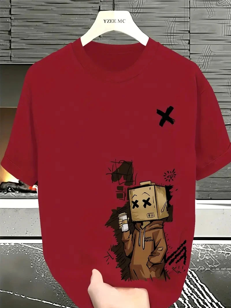 Men's 100% pure cotton fashionable casual sports loose trendy doll graffiti printed round neck short sleeved T-shirt top