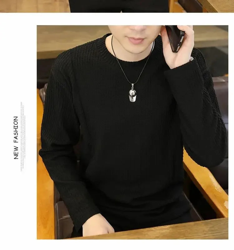 White Long Sleeve Men's T-shirt Pure Color Texture New Inner Wear Base Shirt Autumn Clothes Upper Clothes Fashion Brand